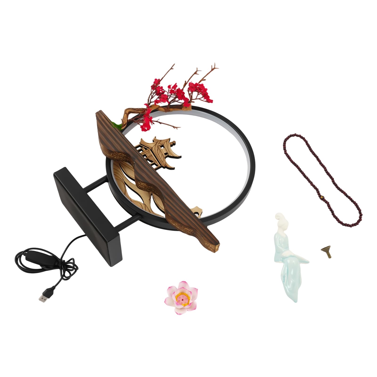 Backflow Incense Holder, Ceramic Incense Burner with Adjustable LED Light, Chinese Style Ornament Incense Holders with Backflow for Relaxing and Home Decor