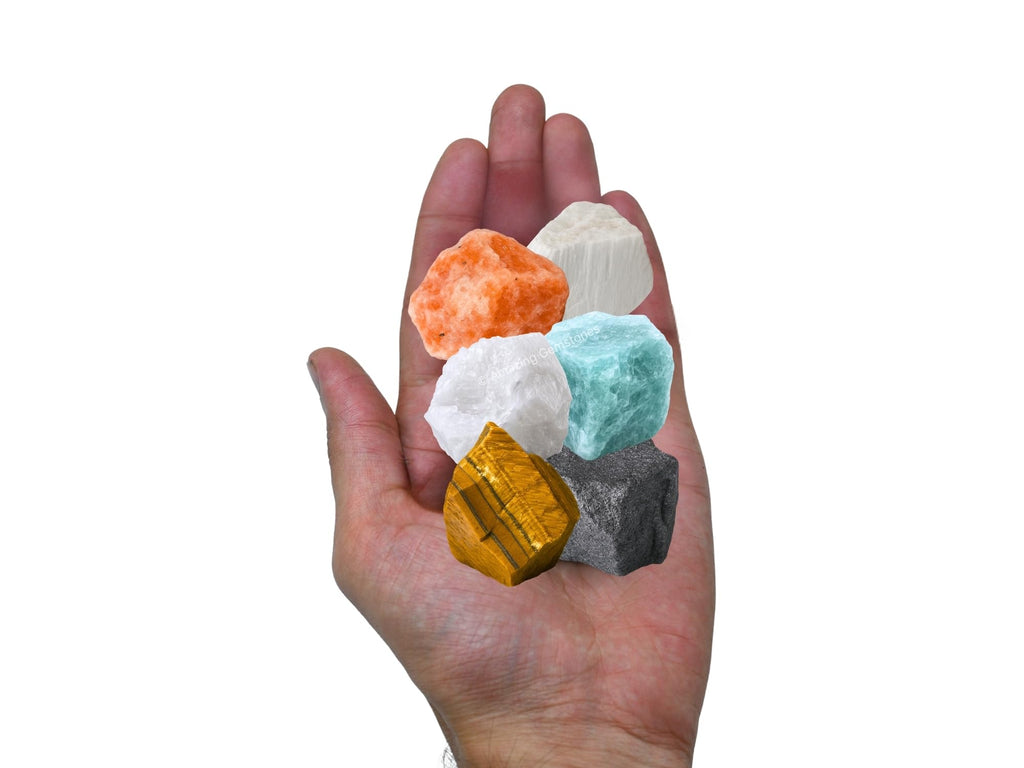 Amazing Gemstone Crystals for House Protection Manifestation, Set of 6 Amethyst, Scolecite, Shungite, Black Tourmaline, Selenite and Moss Agate Healing Crystals and Stones