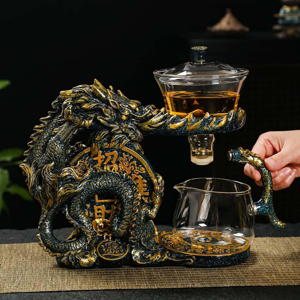 Glass Teapot Set with Infuser Semi Automatic Dragon Tea Set with 6 Small Cups (red golden dragon-b)