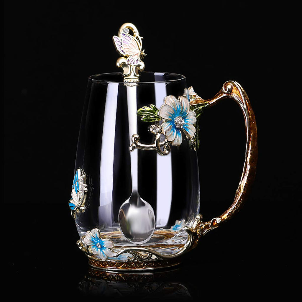Luka Tech Enamel flower Lead-free Glass Coffee Mugs Tea Cup with Steel Spoon, Best Birthday Gifts For Women Wife Mom Friends Mothers Valentines Day Christmas (Purple-Tall)