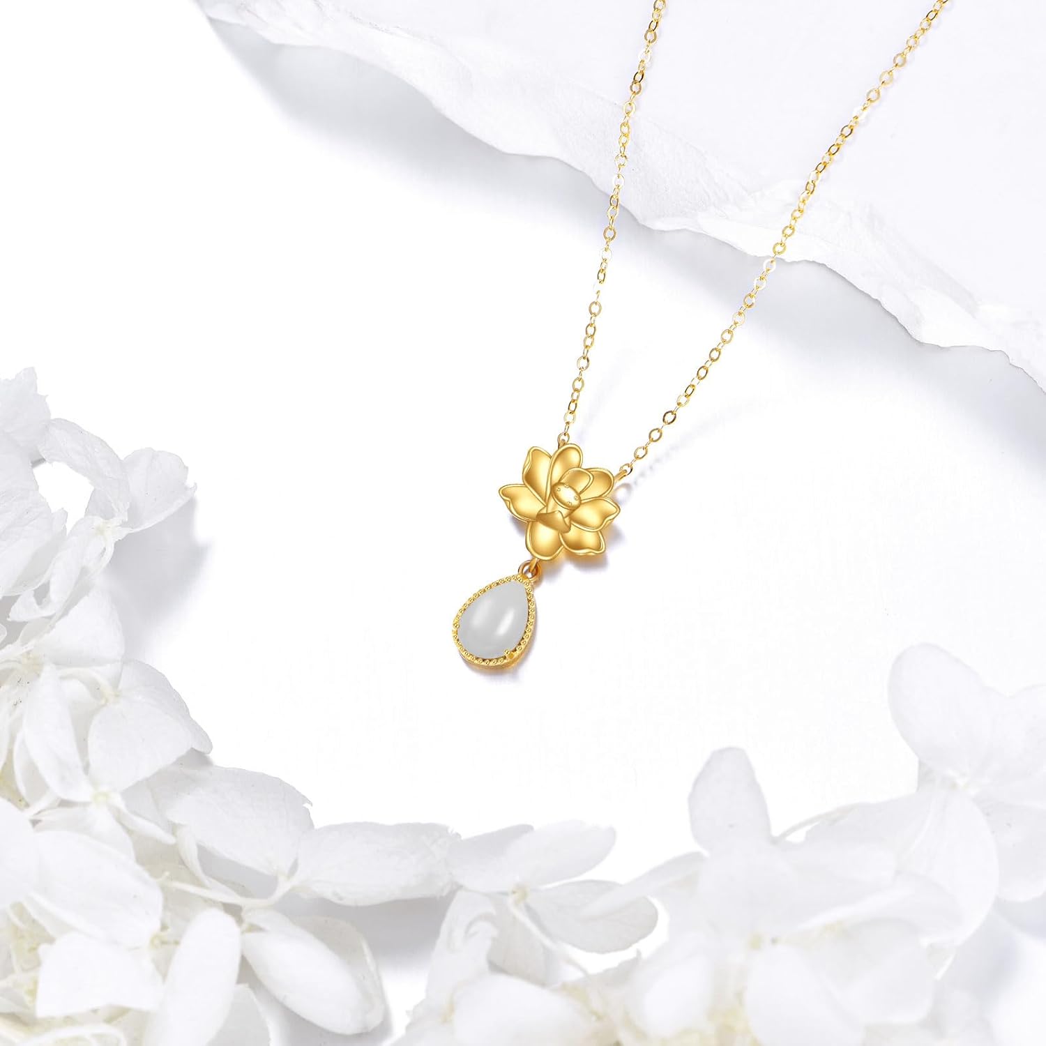 KECHO 14K Gold Lotus Flower Necklace Delicate Lotus Flower Chalcedony Pendant Jewelry for Women Birthday Valentines Day Gifts for Her Mom Wife