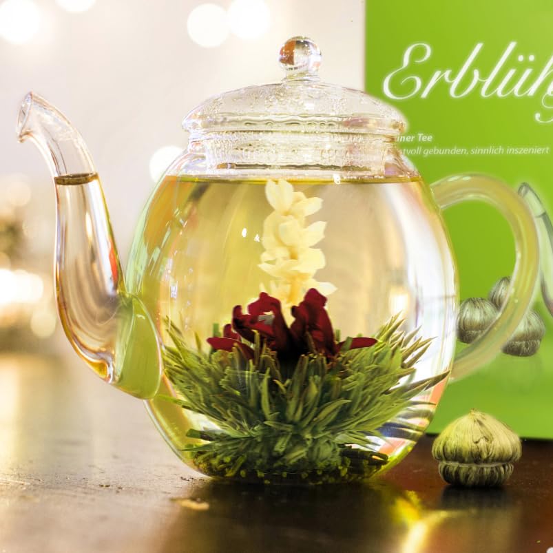 Creano Blooming Tea Gift Set with Glass Teapot 17oz (500ml) - Green Tea Fruity Flavoured Tea Flowers in 6 Varieties - Flowering Tea Gift for Easter