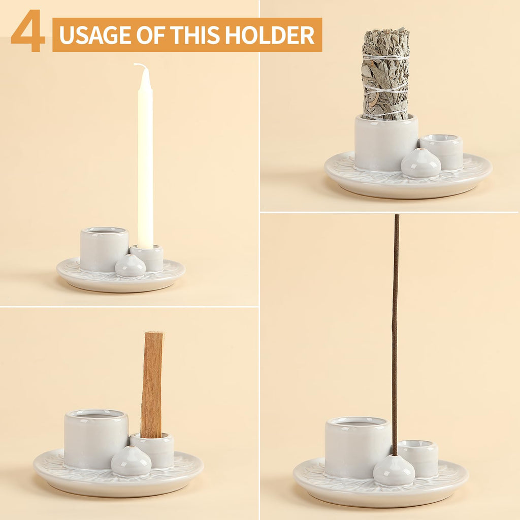 Handmade Ceramic Incense Burner for Palo Santo Incense Sticks, 4 in 1 Multi-Purpose Sage Holder for Burning, Ash Catcher Tray for Meditation Yoga Room (Golden)