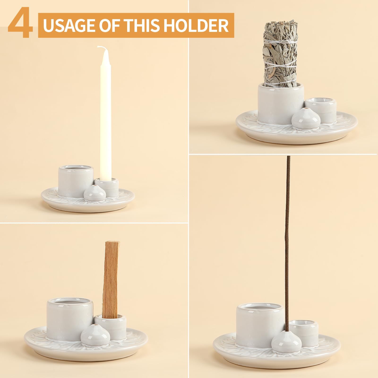 Handmade Ceramic Incense Burner for Palo Santo Incense Sticks, 4 in 1 Multi-Purpose Sage Holder for Burning, Ash Catcher Tray for Meditation Yoga Room (Golden)