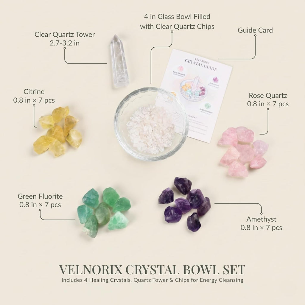 Crystal Decor Bowl Set – 4" Glass Cleansing Bowl with Real Healing Crystals: Clear Quartz Tower, Amethyst, Rose Quartz, Citrine & Fluorite – Meditation Decor & Spiritual Gift Box