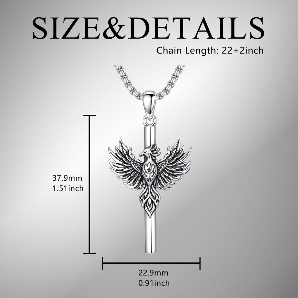 PELOVNY Phoenix Necklace 925 Sterling Silver Shield/Sword/Crystal/Tarot Card/Dog Tag/Cross/Abalone/Axe Pendant Rising Bird Jewelry for Anniversary Birthday Christmas Gifts Men Women