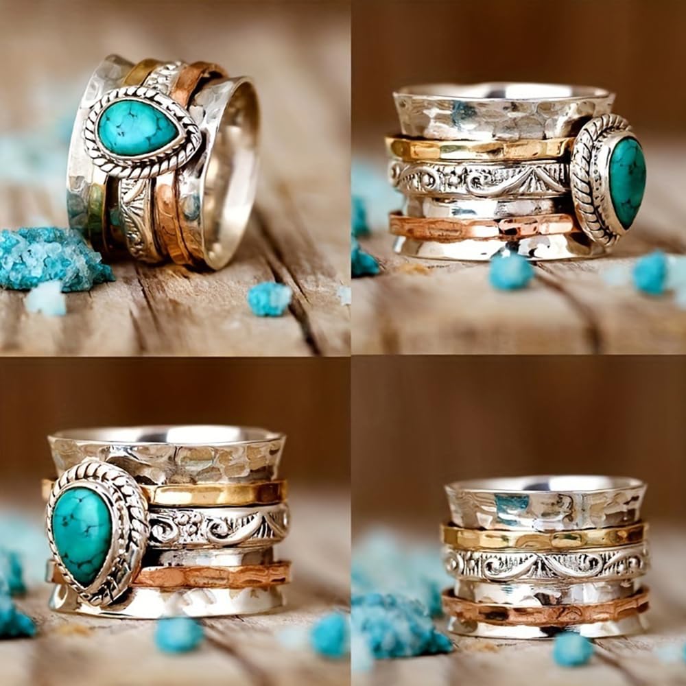 LadayPoa Western Turquoise Ring for Women. Retro 925 Silver Vintage Jewelry. Blue Oval Stone Statement Rings Boho Fashion-Inspired Ring for Classic
