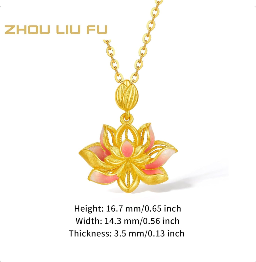 ZHOU LIU FU 24K Solid Gold Lotus Flower Pendant Real Gold Pink Enamel Floral Pendants Jewelry Wedding Birthday Gifts for Women Mom Wife Birthday Anniversary (Not Included Neccklace) A0414636