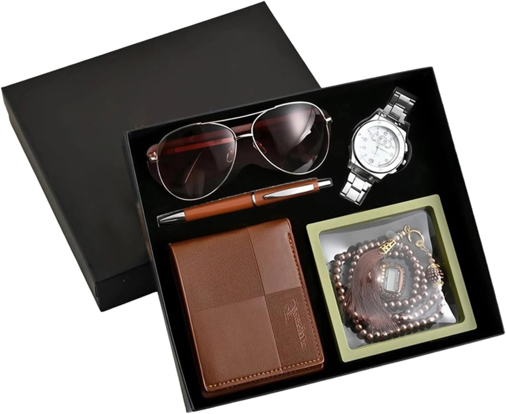 Elegant 6 Pcs Prayer Gift Set: Wallet, Watch, Sunglasses, Pen, Beads, Finger Counter for Eid