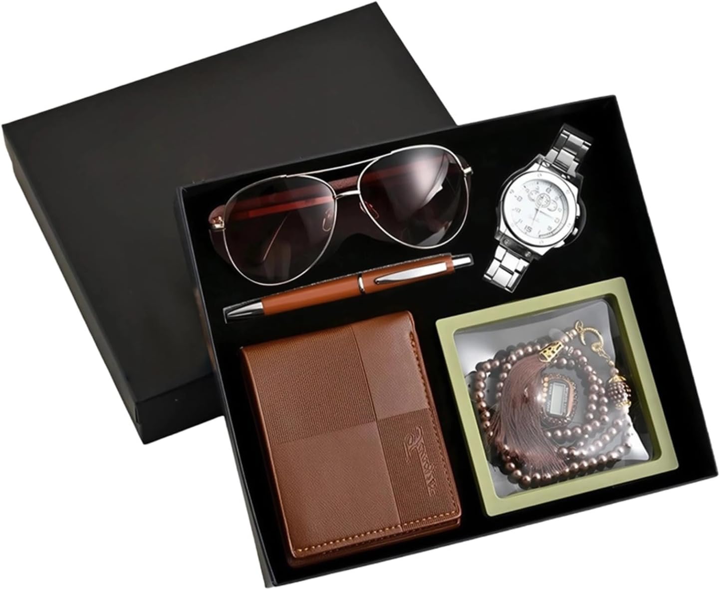 Elegant 6 Pcs Prayer Gift Set: Wallet, Watch, Sunglasses, Pen, Beads, Finger Counter for Eid