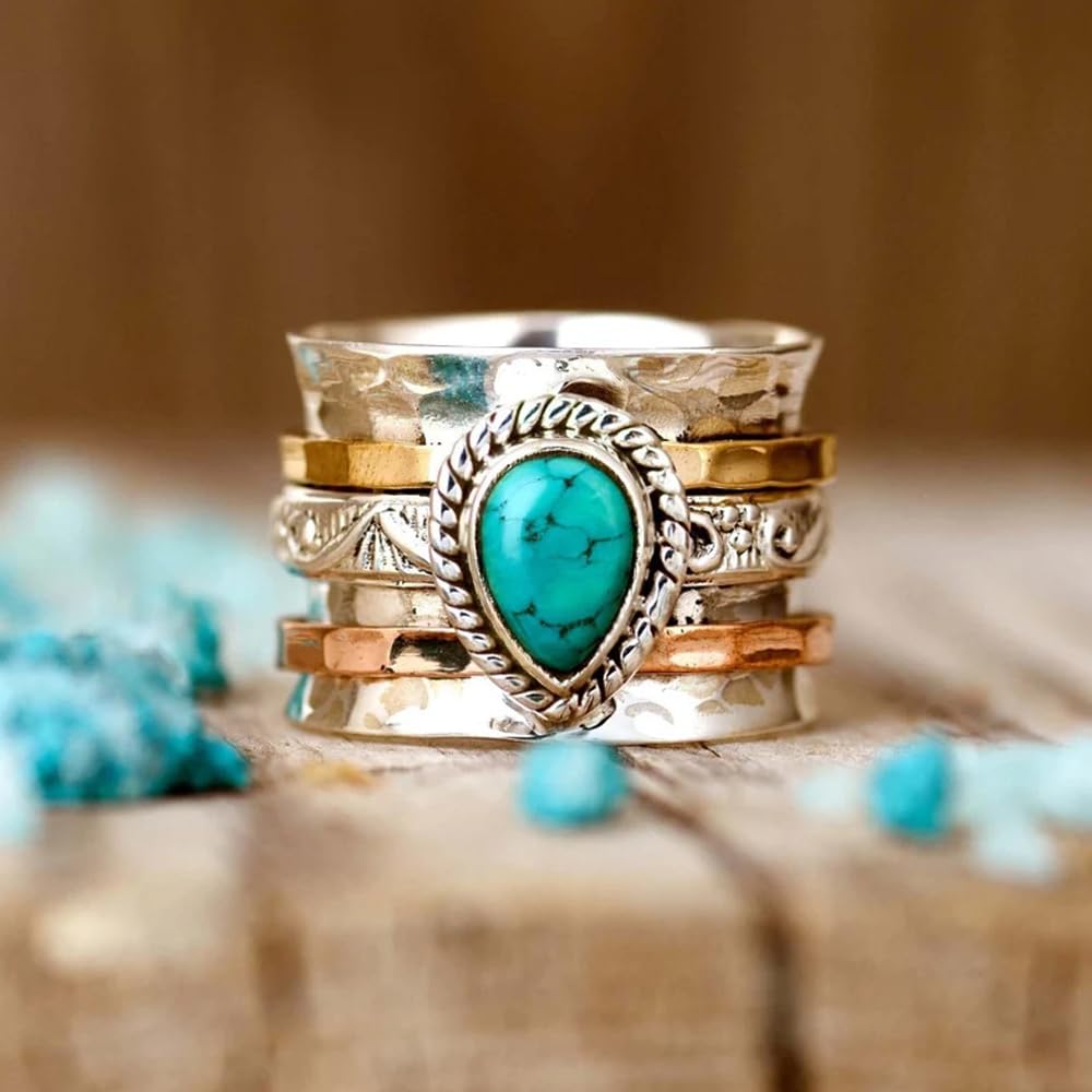 LadayPoa Western Turquoise Ring for Women. Retro 925 Silver Vintage Jewelry. Blue Oval Stone Statement Rings Boho Fashion-Inspired Ring for Classic