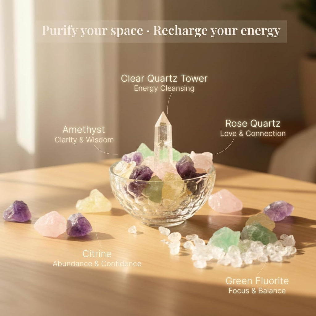 Crystal Decor Bowl Set – 4" Glass Cleansing Bowl with Real Healing Crystals: Clear Quartz Tower, Amethyst, Rose Quartz, Citrine & Fluorite – Meditation Decor & Spiritual Gift Box