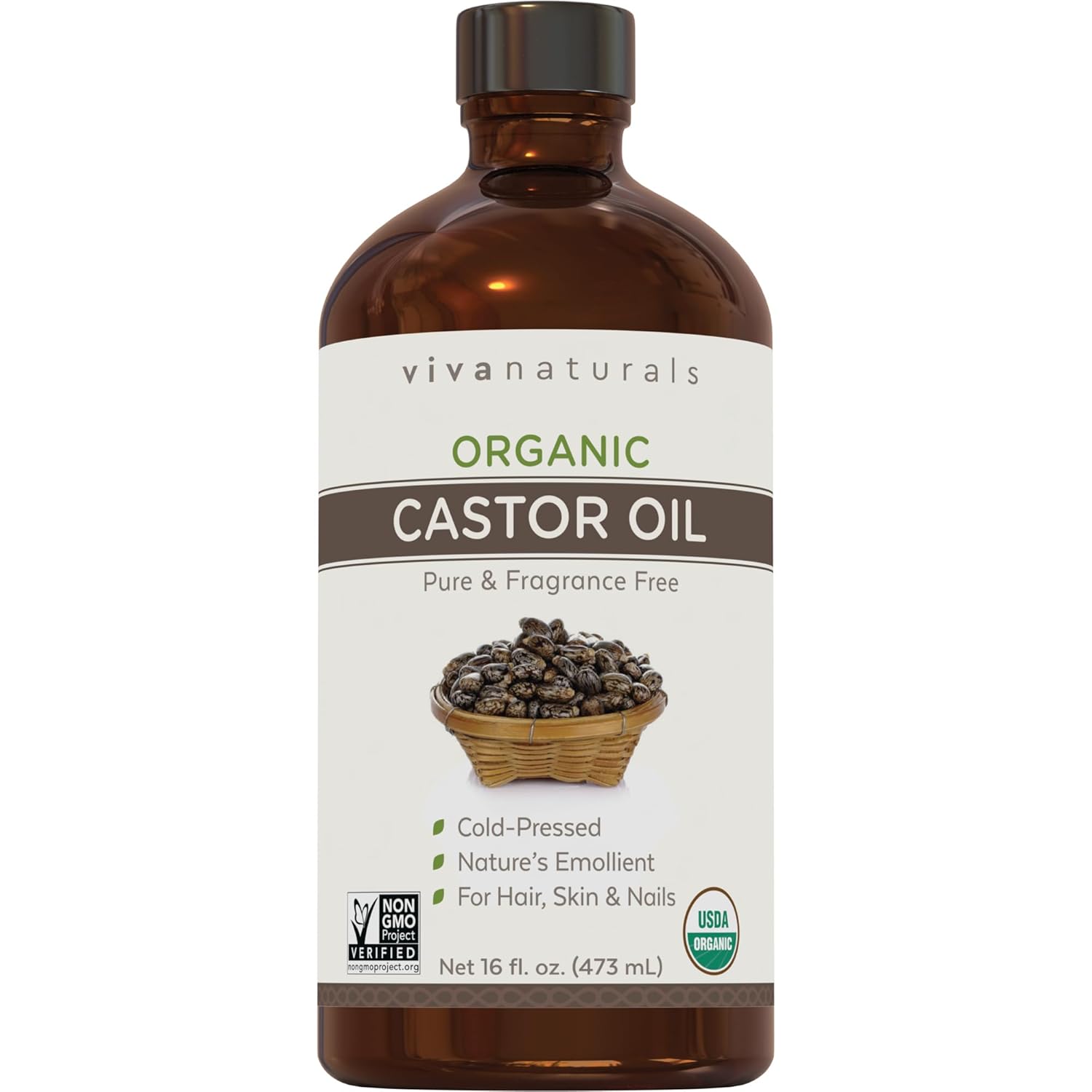 Viva Naturals Organic Castor Oil, Cold-Pressed, 16 fl oz – For Face, Hair, Eyelashes, USDA Organic, Non-GMO - With Beauty Kit