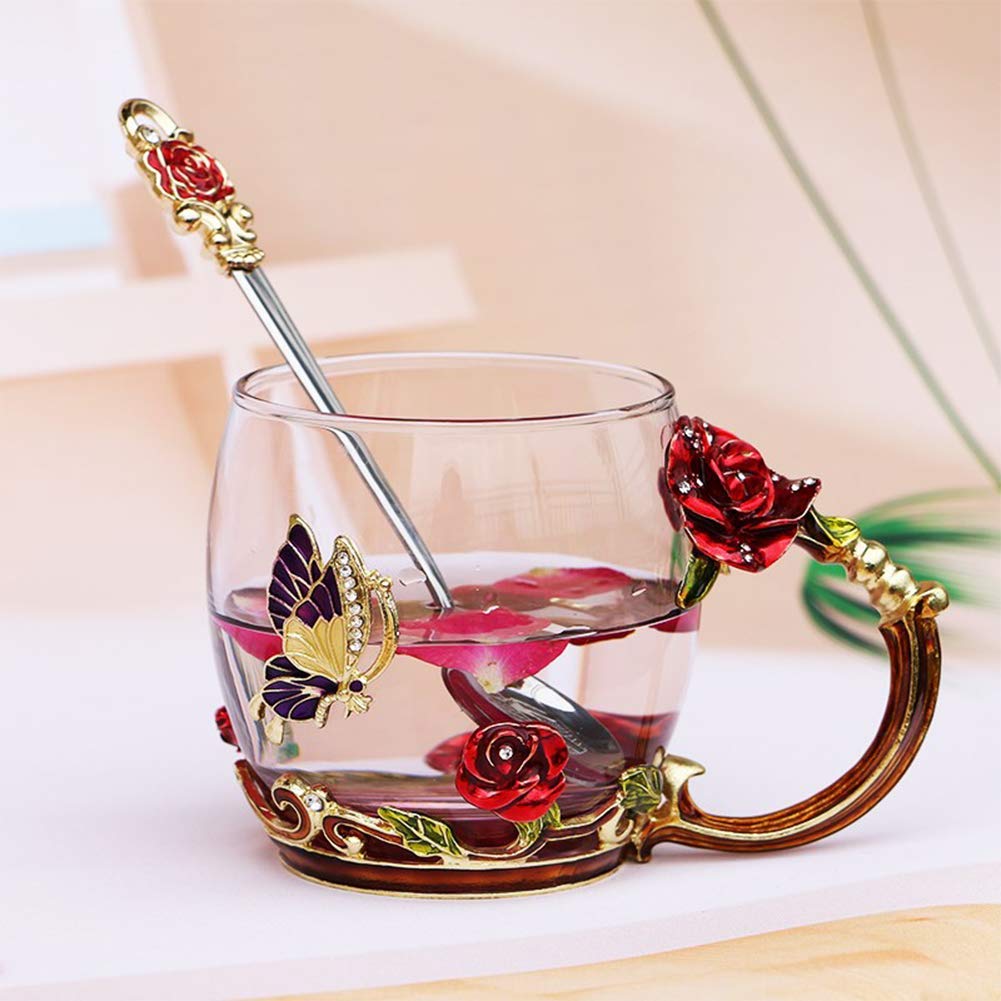 Luka Tech Enamel flower Lead-free Glass Coffee Mugs Tea Cup with Steel Spoon, Best Birthday Gifts For Women Wife Mom Friends Mothers Valentines Day Christmas (Purple-Tall)