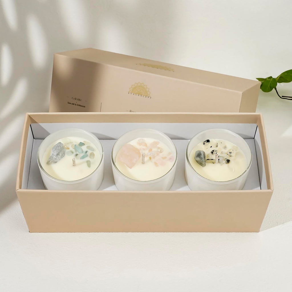 AVACONCEPT Crystal Infused Soy Wax Candle Gift Set Aromatherapy Scented Candles with Healing Crystals Natural Hand-Poured Luxury for Relaxation & Home Décor (Sunstone & Amethyst & Amazonite)