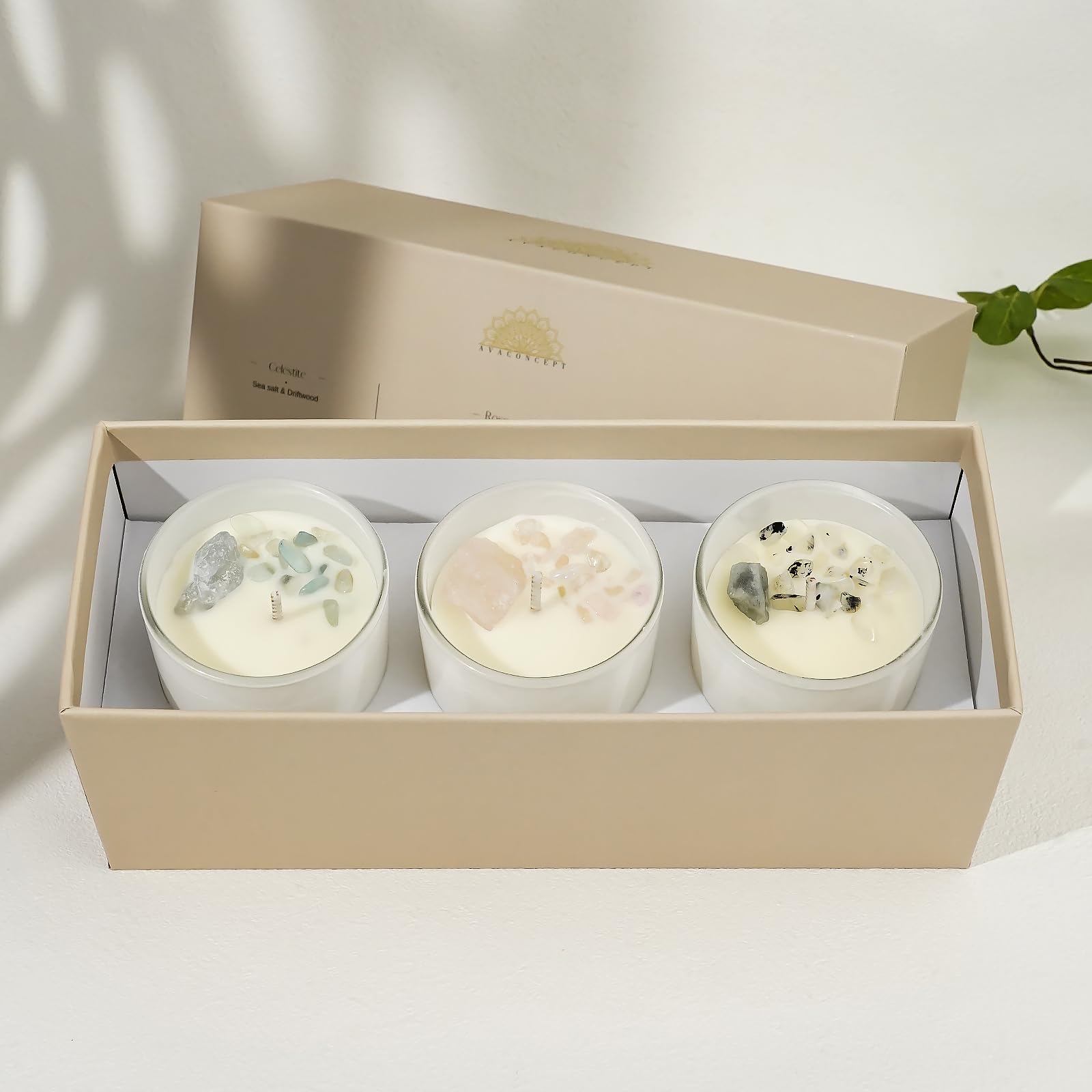 AVACONCEPT Crystal Infused Soy Wax Candle Gift Set Aromatherapy Scented Candles with Healing Crystals Natural Hand-Poured Luxury for Relaxation & Home Décor (Sunstone & Amethyst & Amazonite)