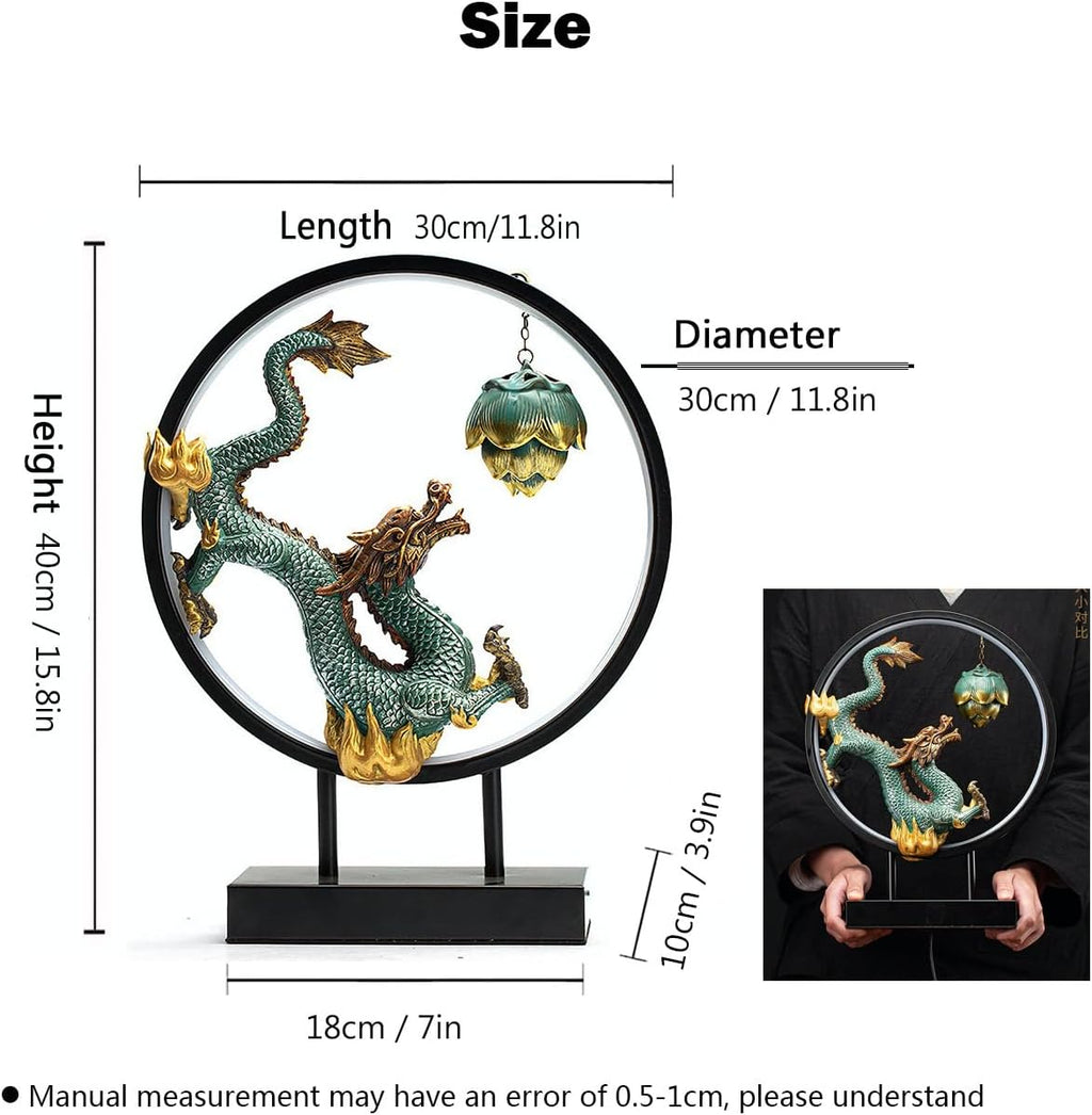 Chinese Ceramic Dragon Statue Backflow Incense Burner Sculpture with USB Power, LED Light Ring,Adjustable Brightness (BJL002)