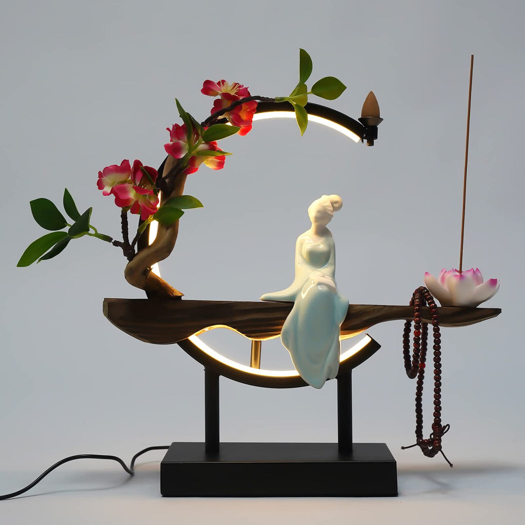 Backflow Incense Holder, Ceramic Incense Burner with Adjustable LED Light, Chinese Style Ornament Incense Holders with Backflow for Relaxing and Home Decor