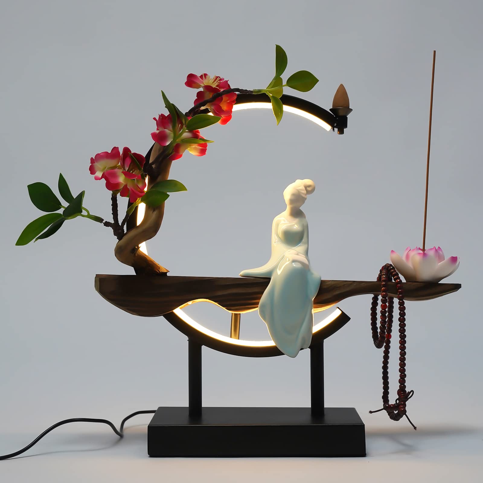 Backflow Incense Holder, Ceramic Incense Burner with Adjustable LED Light, Chinese Style Ornament Incense Holders with Backflow for Relaxing and Home Decor
