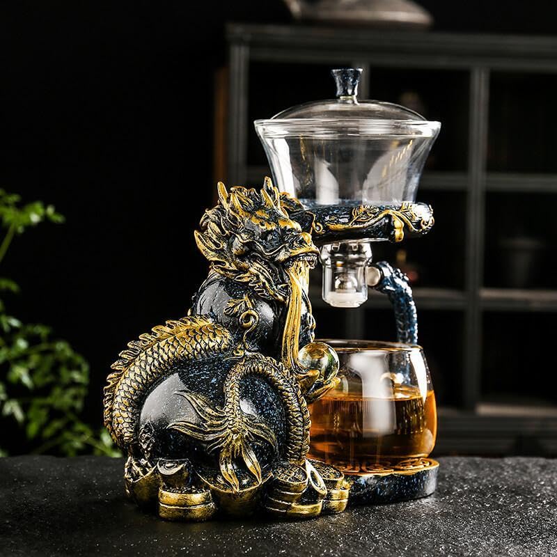Glass Teapot Set with Infuser Semi Automatic Dragon Tea Set with 6 Small Cups (red golden dragon-b)