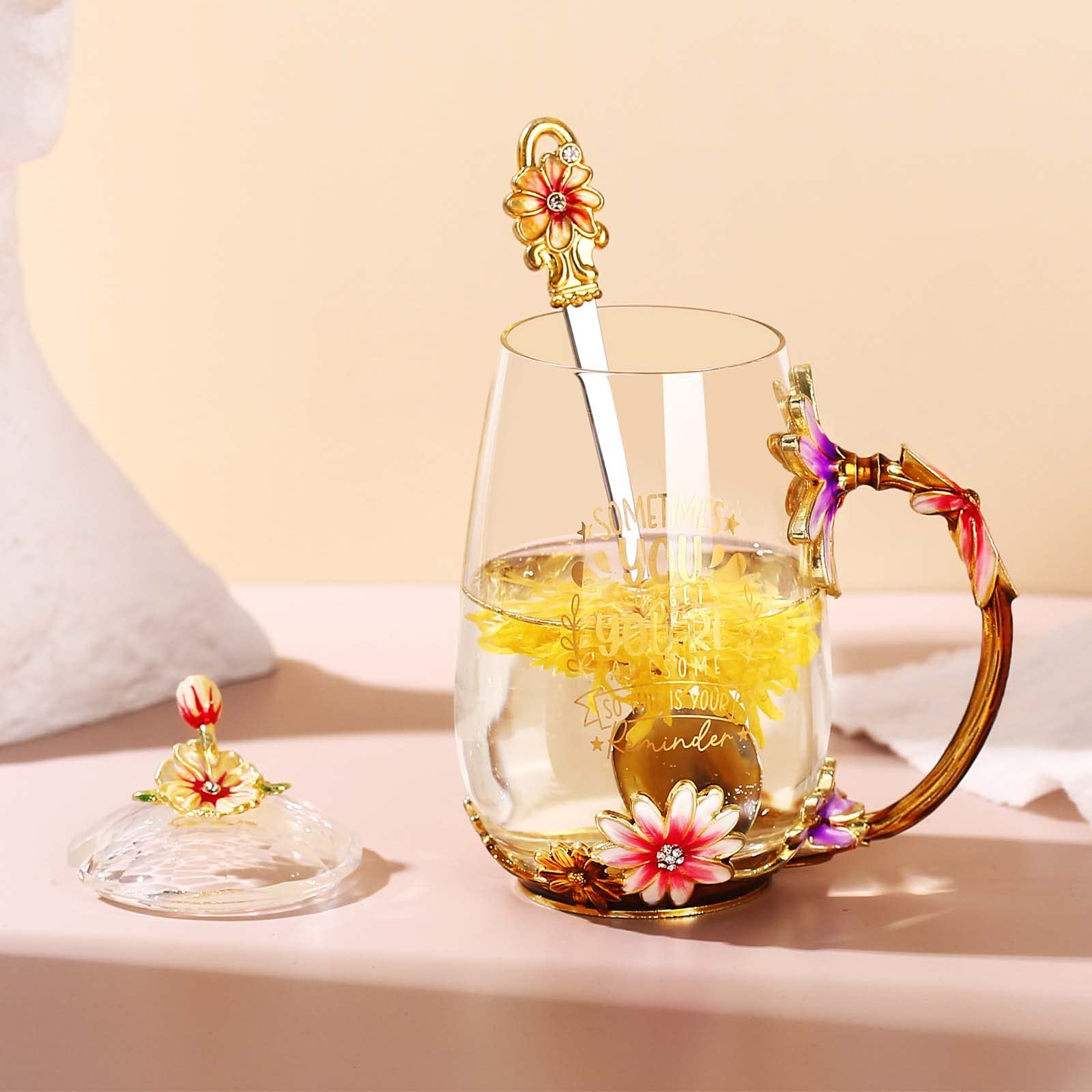 Luka Tech Enamel flower Lead-free Glass Coffee Mugs Tea Cup with Steel Spoon, Best Birthday Gifts For Women Wife Mom Friends Mothers Valentines Day Christmas (Purple-Tall)