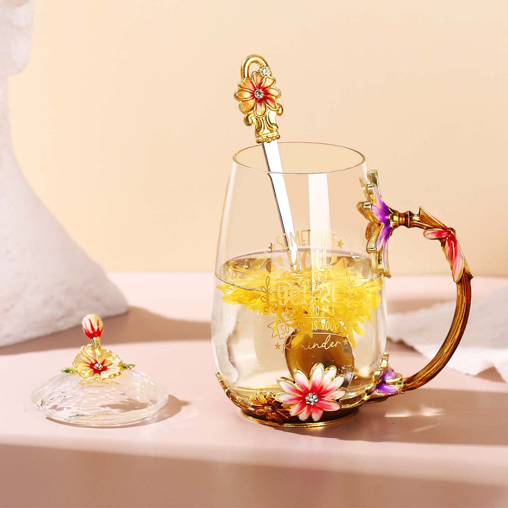 Luka Tech Enamel flower Lead-free Glass Coffee Mugs Tea Cup with Steel Spoon, Best Birthday Gifts For Women Wife Mom Friends Mothers Valentines Day Christmas (Purple-Tall)