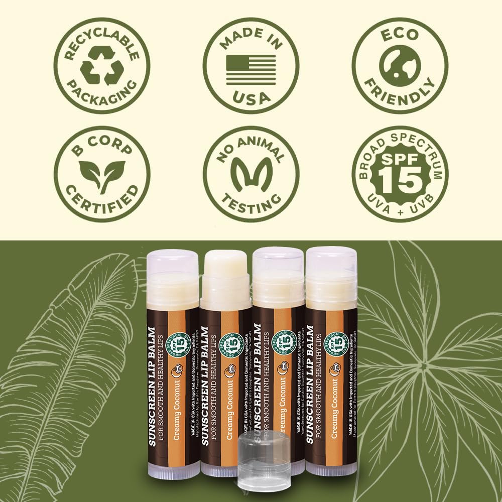 Earth's Daughter USDA Organic Lip Balm 6-Pack - Fruit Flavors, Beeswax, Coconut Oil, Vitamin E - Best Lip Repair Chapstick for Dry Cracked Lips - Moisturizing Lip Care