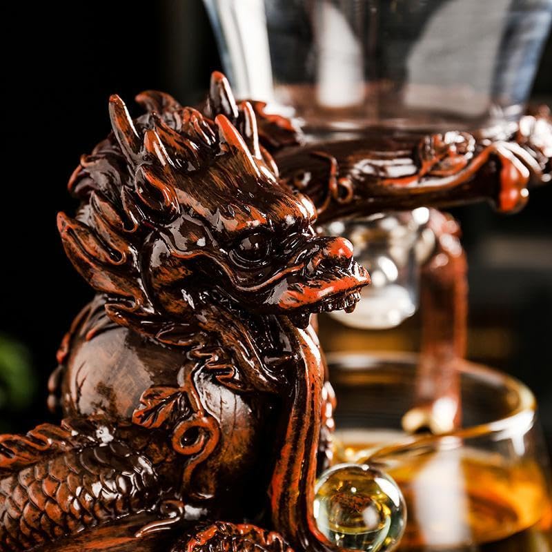Glass Teapot Set with Infuser Semi Automatic Dragon Tea Set with 6 Small Cups (red golden dragon-b)