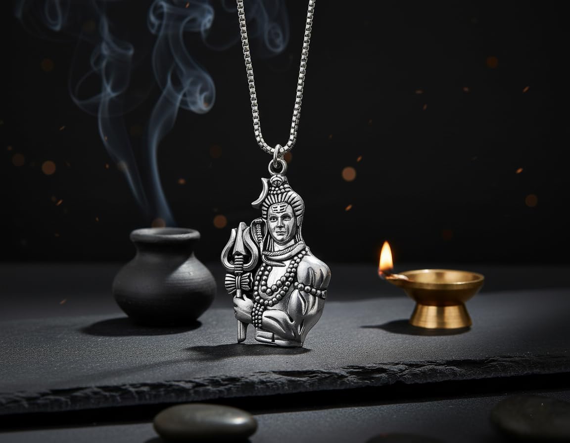 Stainless Steel Shiva's Trishul Damaru Pendant with Chain for Men, Anti-Tarnish Mahadev Mahakal Bholenath Necklace for Men & Women - Oxidized Silver Finish