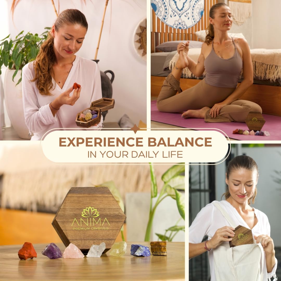 Anima Premium Protection Healing Crystals Set for Energy Shielding - Large Raw Obsidian, Black Tourmaline, Labradorite, Smoky Quartz & Selenite Bar - Wooden Gift Box and Guide Booklet Included