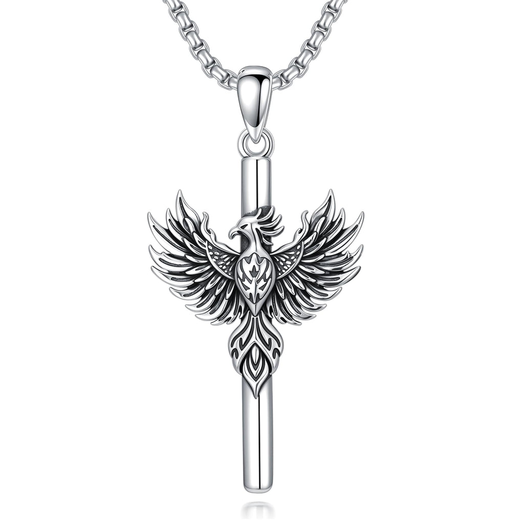 PELOVNY Phoenix Necklace 925 Sterling Silver Shield/Sword/Crystal/Tarot Card/Dog Tag/Cross/Abalone/Axe Pendant Rising Bird Jewelry for Anniversary Birthday Christmas Gifts Men Women
