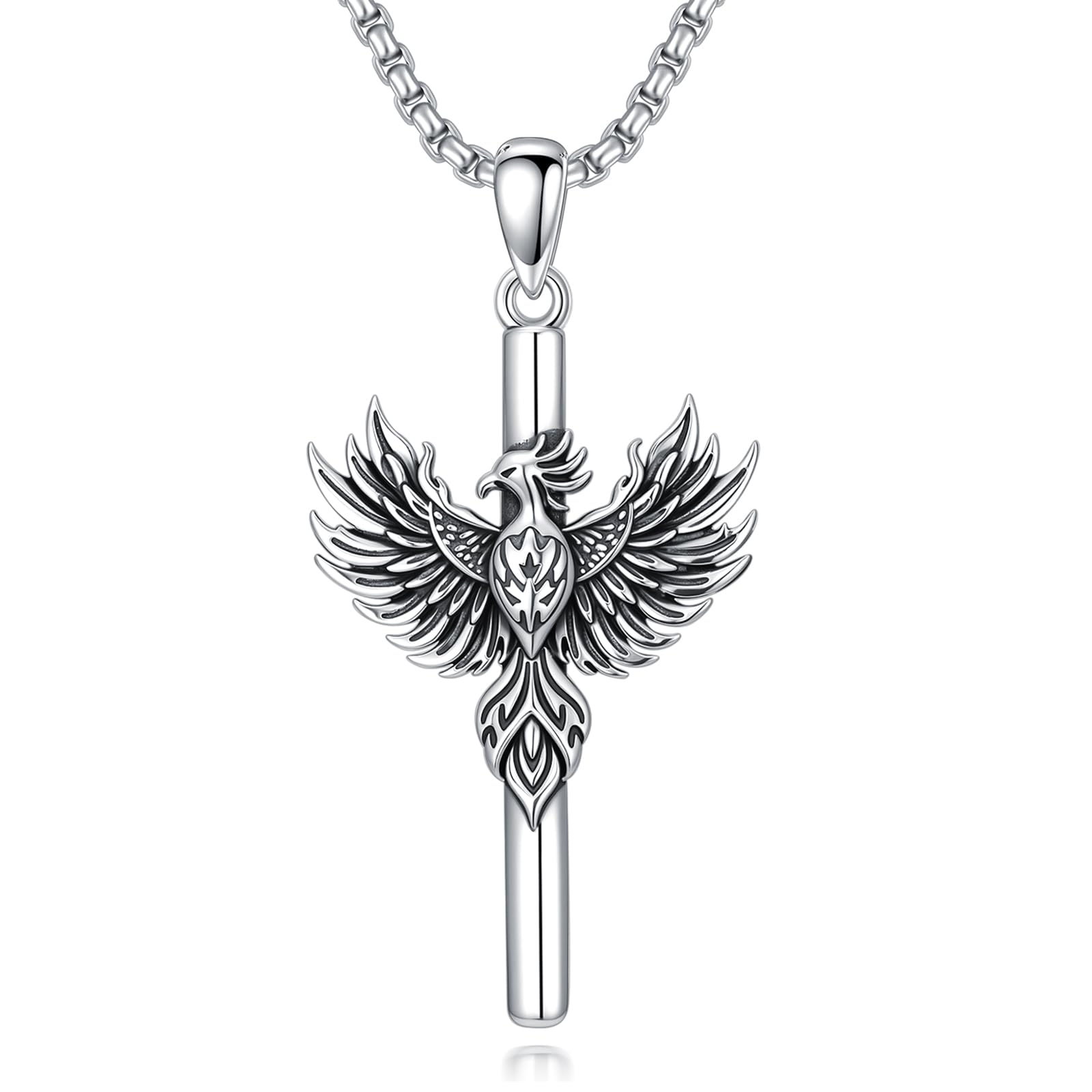 PELOVNY Phoenix Necklace 925 Sterling Silver Shield/Sword/Crystal/Tarot Card/Dog Tag/Cross/Abalone/Axe Pendant Rising Bird Jewelry for Anniversary Birthday Christmas Gifts Men Women