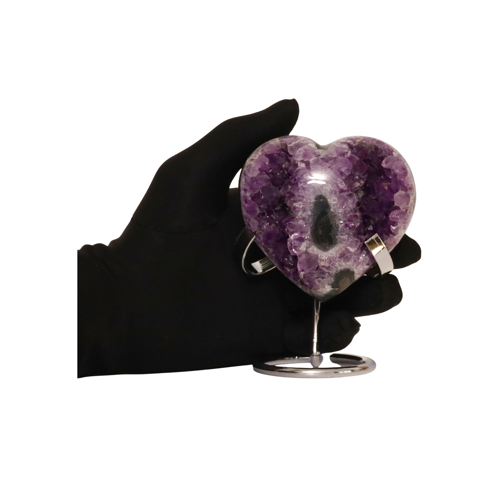 Hand-carved Amethyst Heart Cluster with Stand, Natural Raw Crystal Heart Stone 1–7 Inch tall (50g–1200g), Reiki Healing Gemstone, Love, spiritual Valentine Gift. (200-350 Grams-1.5 to 2.5" tall)