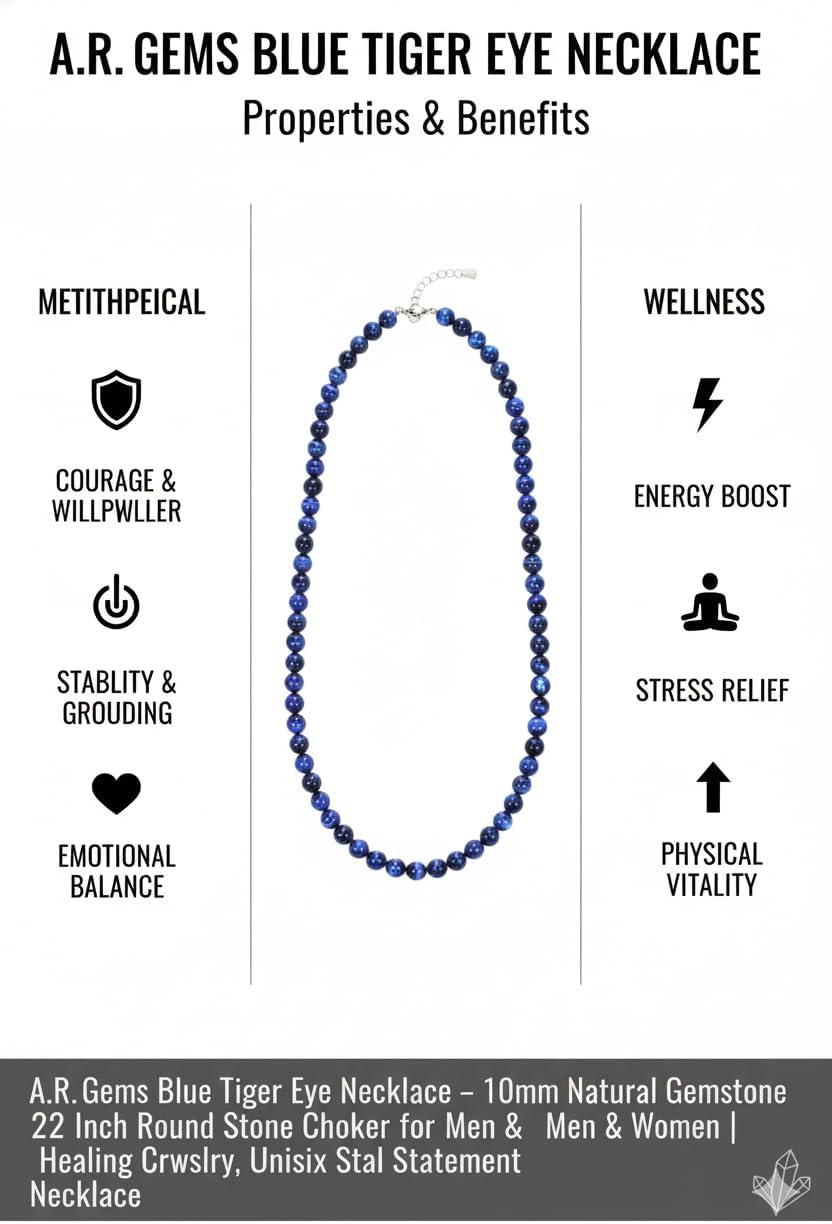 Blue Tiger Eye Necklace – 10mm Natural Gemstone Beads | 22 Inch Handmade Round Stone Choker for Men & Women | Healing Crystal Jewelry, Energy Protection, Festive Gift & Unisex Statement Necklace