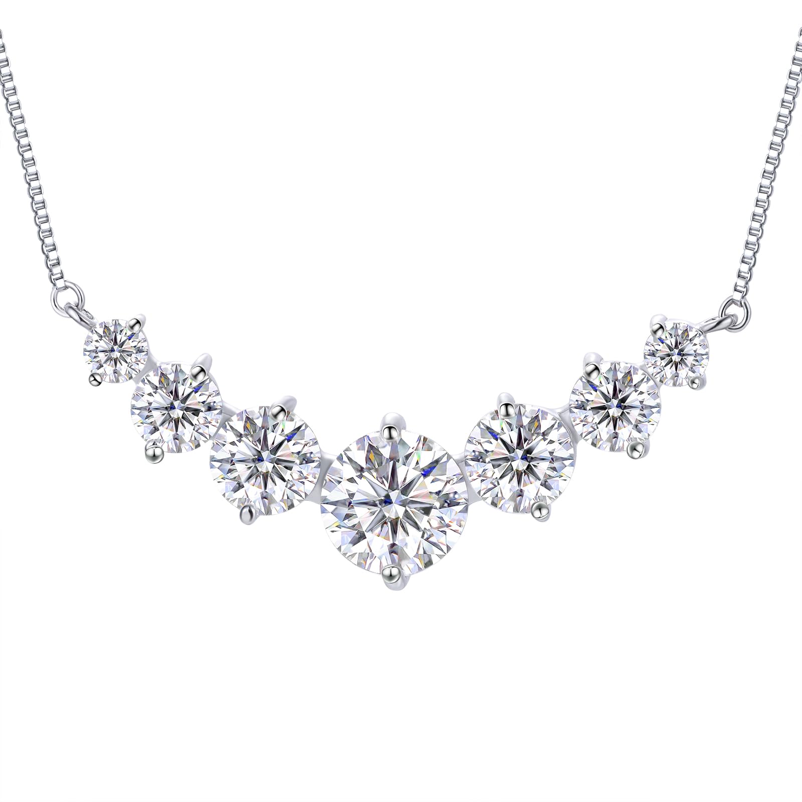 TUHE 7 Stones Moissanite Necklace for Women, 1.7-5.0 Carat Smile Moissanite Pendant Necklace 18k Gold Plated Sterling Silver 16.5+2.5 inch Box Chain Tennis Necklaces with Certificate of Authenticity