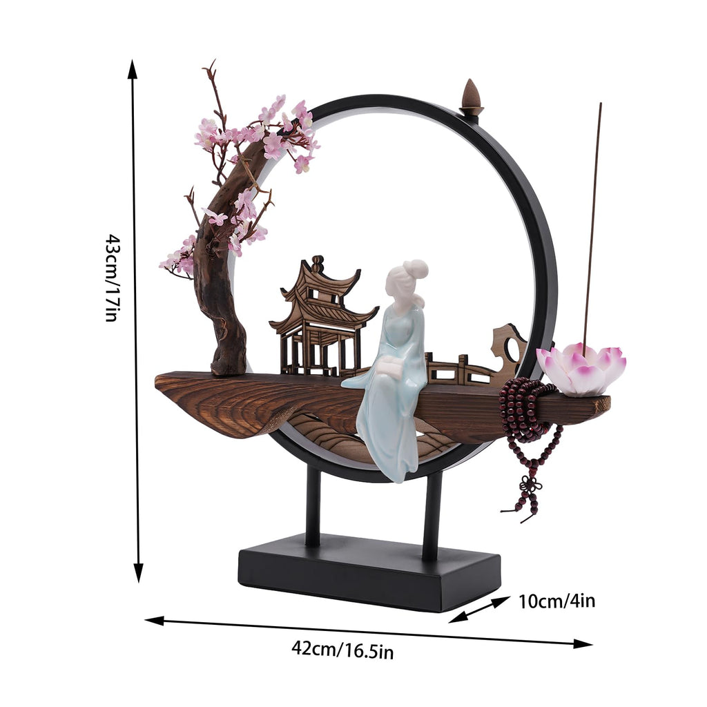 Backflow Incense Holder, Ceramic Incense Burner with Adjustable LED Light, Chinese Style Ornament Incense Holders with Backflow for Relaxing and Home Decor