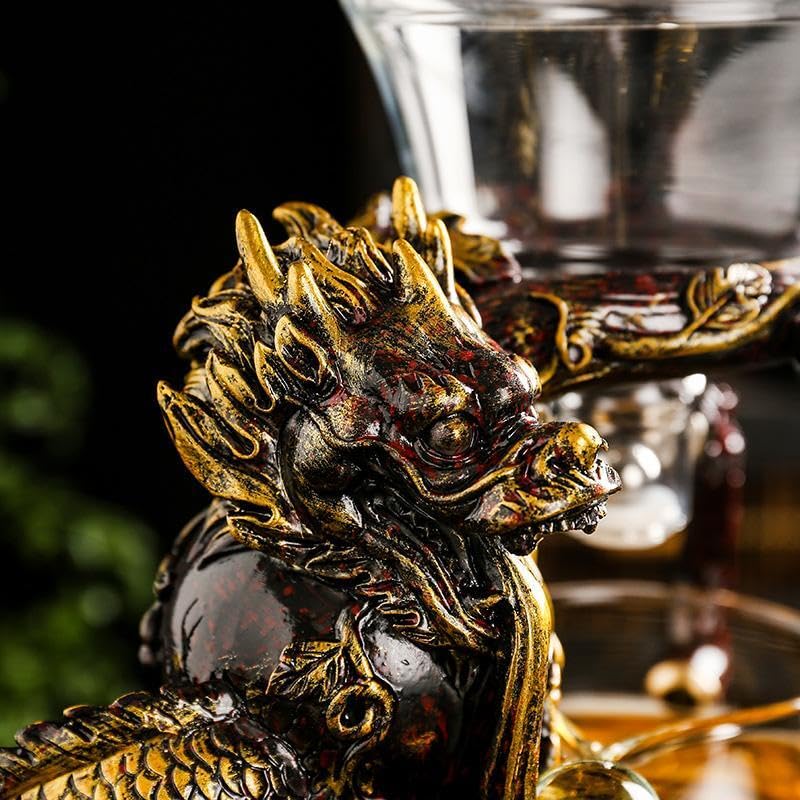 Glass Teapot Set with Infuser Semi Automatic Dragon Tea Set with 6 Small Cups (red golden dragon-b)