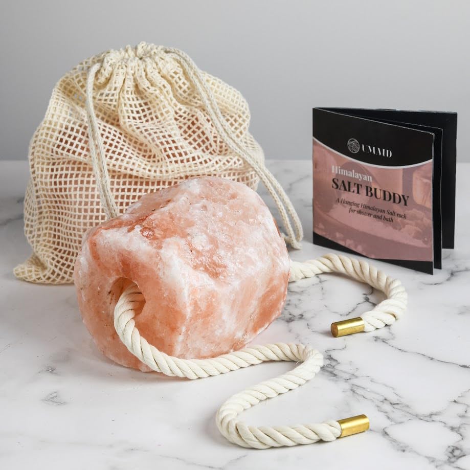 UMAID Himalayan Bath Salt Buddy™ 2 lb – Hanging Mineral Salt Rock for Shower & Bath, Solid Pink Himalayan Stone for Natural Steam, Relaxation & Spa-Like Self-Care, Unique Gift for Men & Women