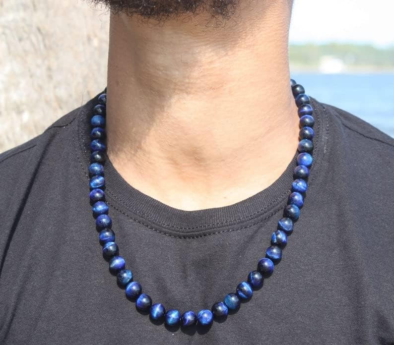 Blue Tiger Eye Necklace – 10mm Natural Gemstone Beads | 22 Inch Handmade Round Stone Choker for Men & Women | Healing Crystal Jewelry, Energy Protection, Festive Gift & Unisex Statement Necklace