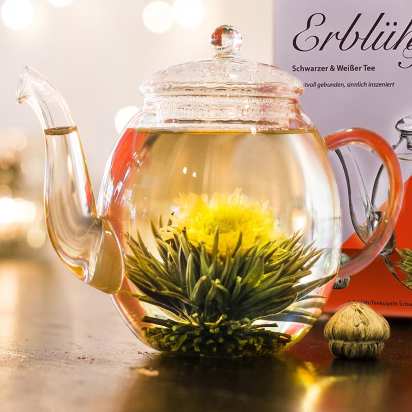 Creano Blooming Tea Gift Set with Glass Teapot 17oz (500ml) - Green Tea Fruity Flavoured Tea Flowers in 6 Varieties - Flowering Tea Gift for Easter