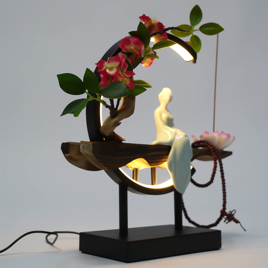 Backflow Incense Holder, Ceramic Incense Burner with Adjustable LED Light, Chinese Style Ornament Incense Holders with Backflow for Relaxing and Home Decor