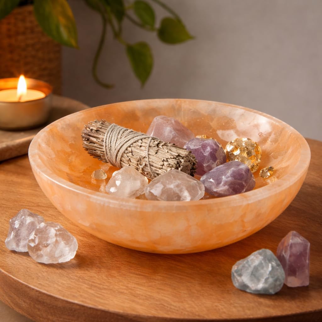 Soul Sticks Selenite Crystal Bowls for Smudging, Healing, Recharging Crystals | Pure Selenite Smudge Bowl & Crystal Charging Station Ethically Sourced in Morocco, Orange (4 Inch)