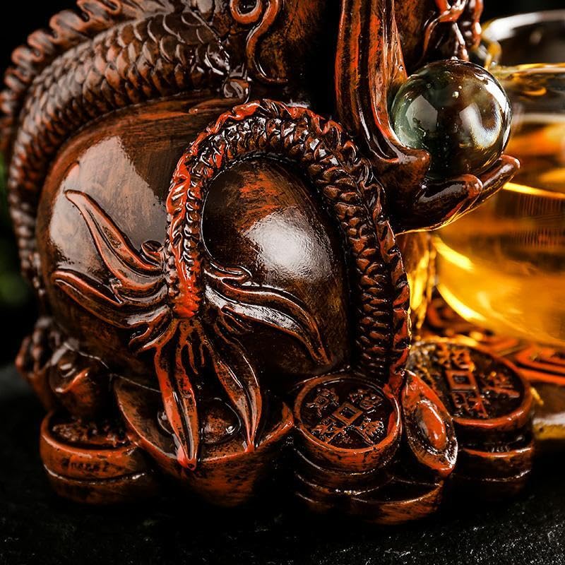 Glass Teapot Set with Infuser Semi Automatic Dragon Tea Set with 6 Small Cups (red golden dragon-b)