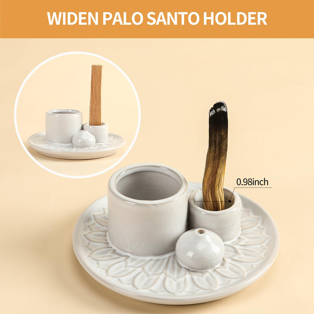 Handmade Ceramic Incense Burner for Palo Santo Incense Sticks, 4 in 1 Multi-Purpose Sage Holder for Burning, Ash Catcher Tray for Meditation Yoga Room (Golden)
