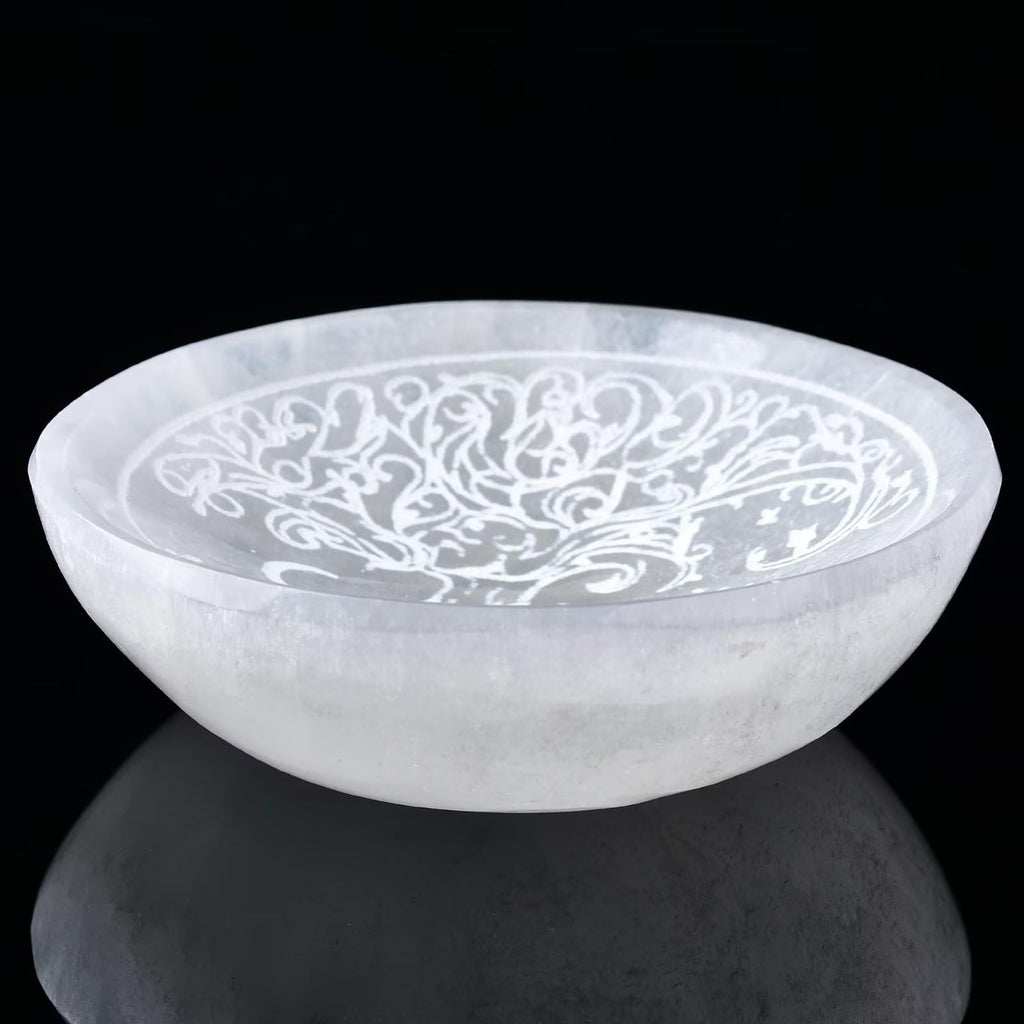AMOYSTONE Natural Selenite Charging Bowl with Mandala Engraving 3.5-4'' Energy Cleansing Crystal Plate for Healing Meditation and Spiritual Home Decor