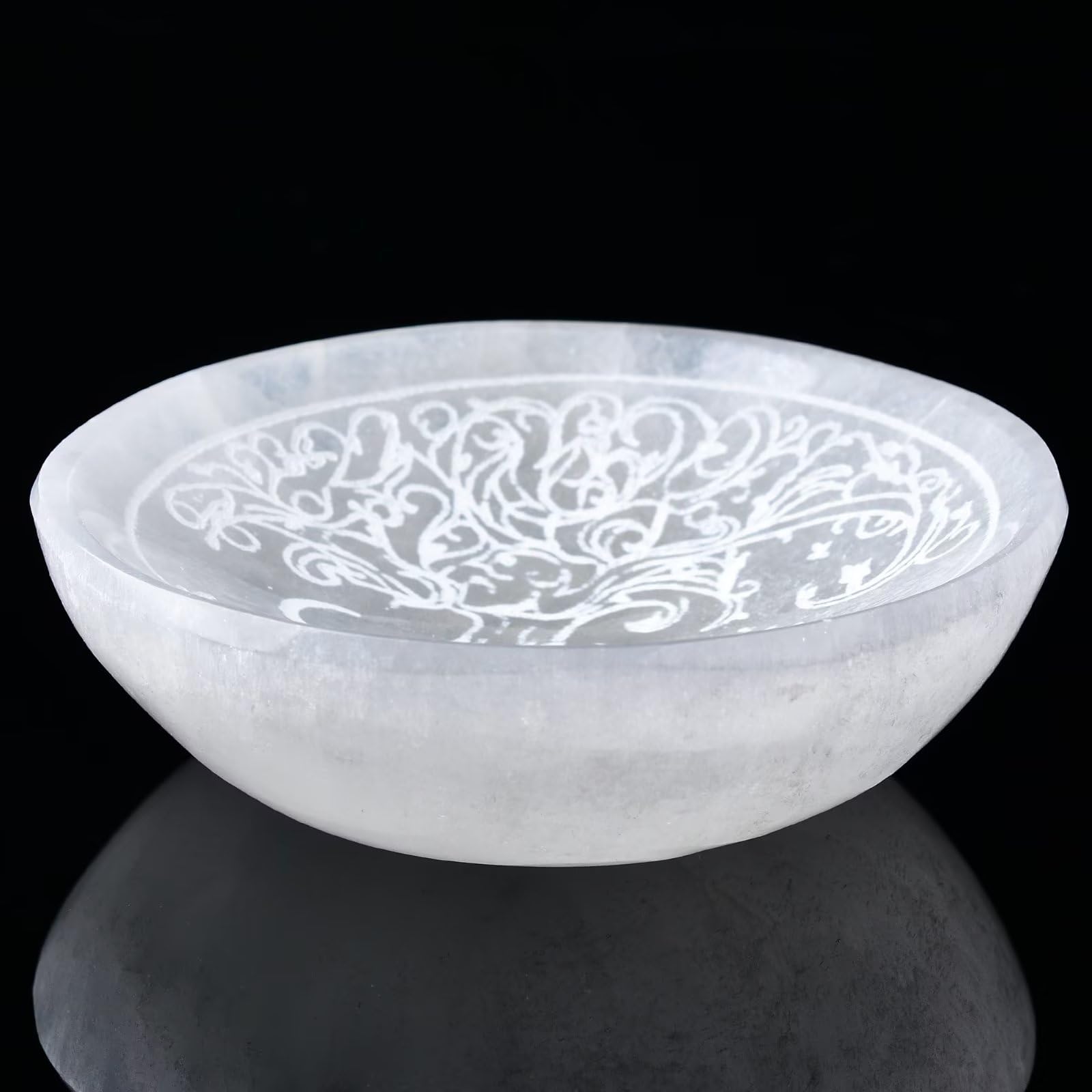 AMOYSTONE Natural Selenite Charging Bowl with Mandala Engraving 3.5-4'' Energy Cleansing Crystal Plate for Healing Meditation and Spiritual Home Decor