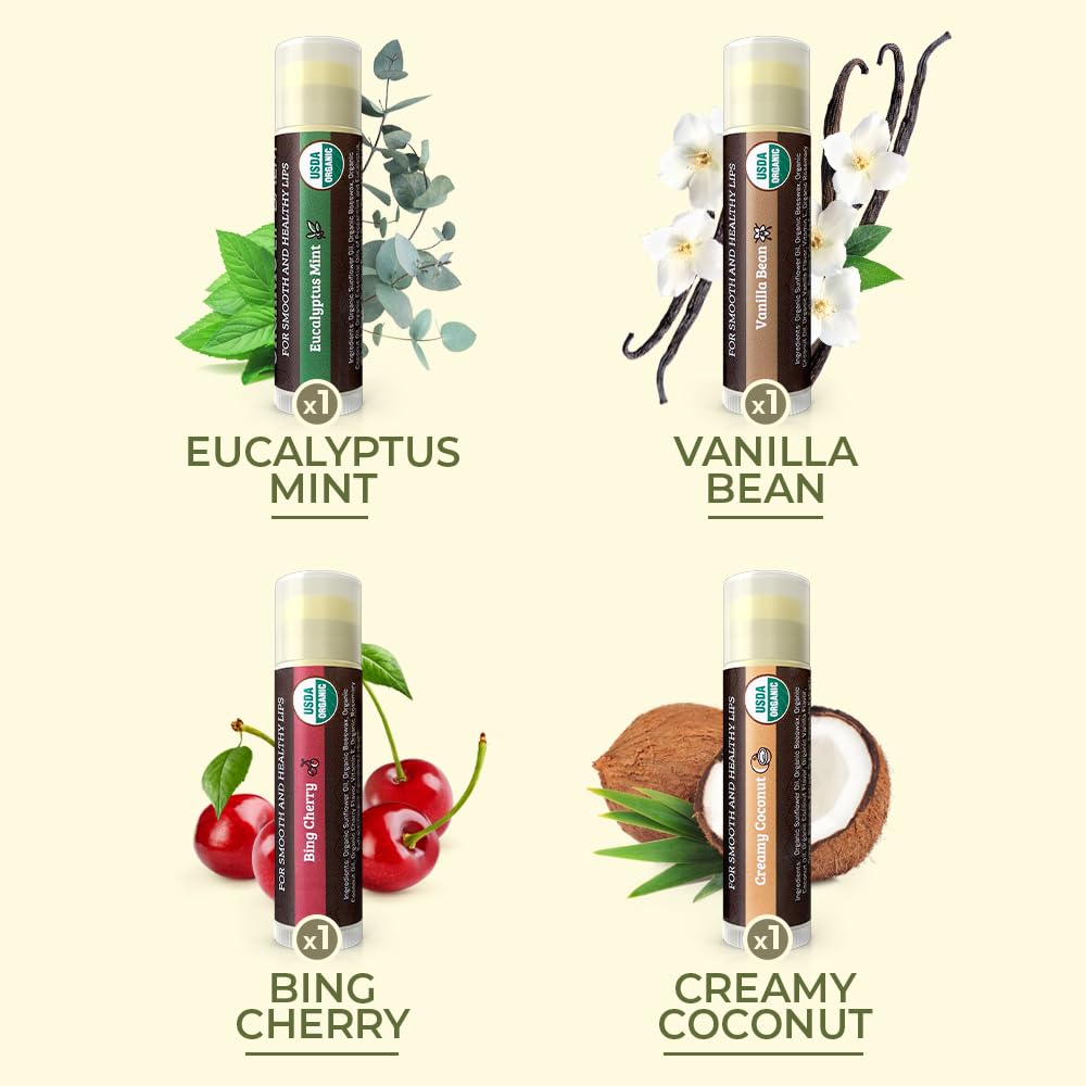 Earth's Daughter USDA Organic Lip Balm 6-Pack - Fruit Flavors, Beeswax, Coconut Oil, Vitamin E - Best Lip Repair Chapstick for Dry Cracked Lips - Moisturizing Lip Care