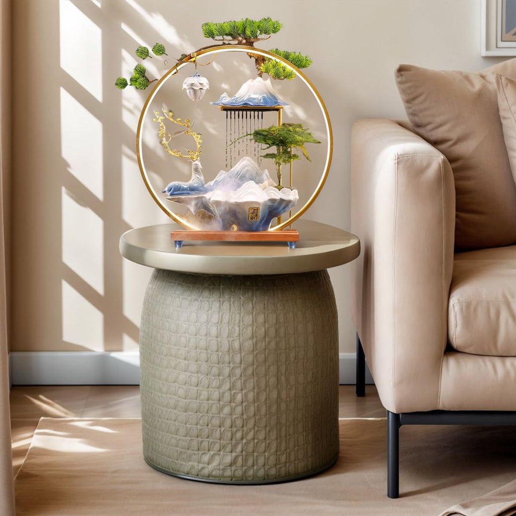 Waterfall Fountain Indoor with Mist, Tabletop Water Fountain,Desk Chinese Ceramic Pixiu Statue with LED Light Ring and Backflow Incense Burner Holder