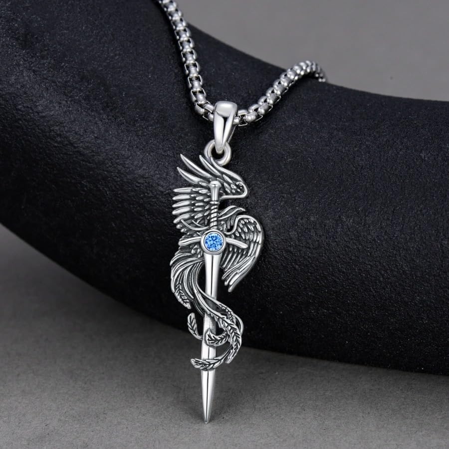 PELOVNY Phoenix Necklace 925 Sterling Silver Shield/Sword/Crystal/Tarot Card/Dog Tag/Cross/Abalone/Axe Pendant Rising Bird Jewelry for Anniversary Birthday Christmas Gifts Men Women