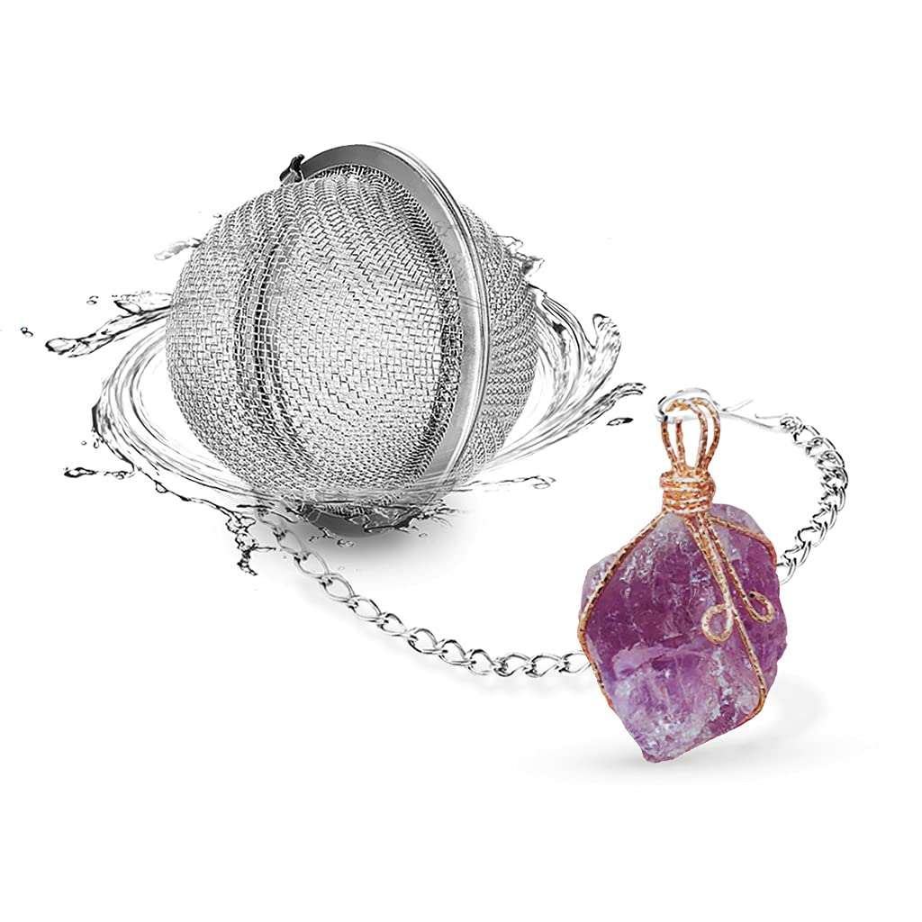 Taygate Tea Strainers for Loose Tea Fine Mesh Tea Ball Full Wire Wrap Raw Stone Pendant Natural Healing Chakra Crystals Gifts for Women (Amethyst)